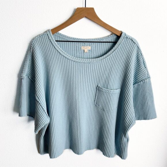 Pilcro Anthropologie‎ Top Womens Small Blue Gauzy Waffle Knit Crop Coastal Boho - Picture 2 of 10